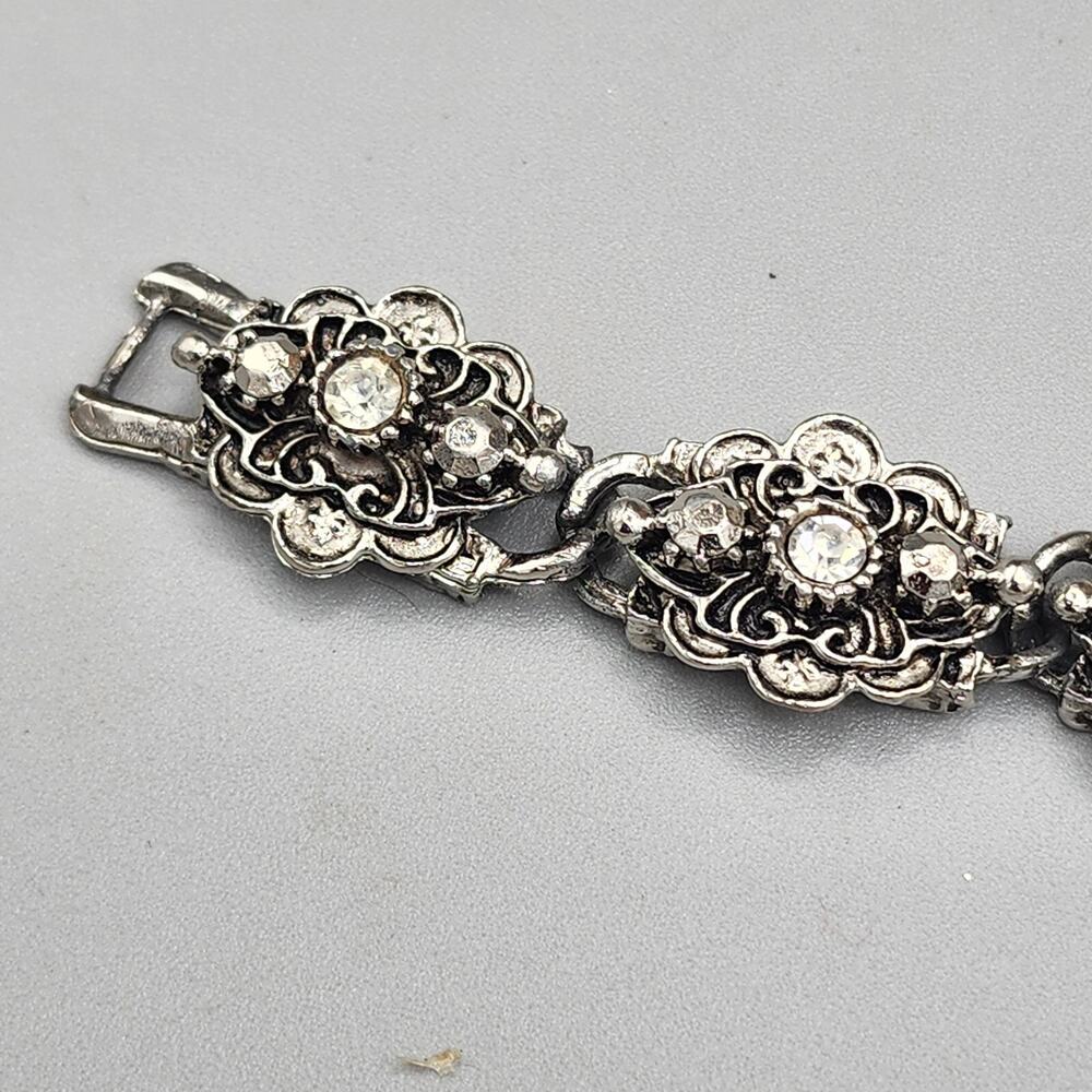 Vintage Silver Tone Floral Link Bracelet Clear Bead Chunky Jewel Art To Wear - Picture 7 of 10